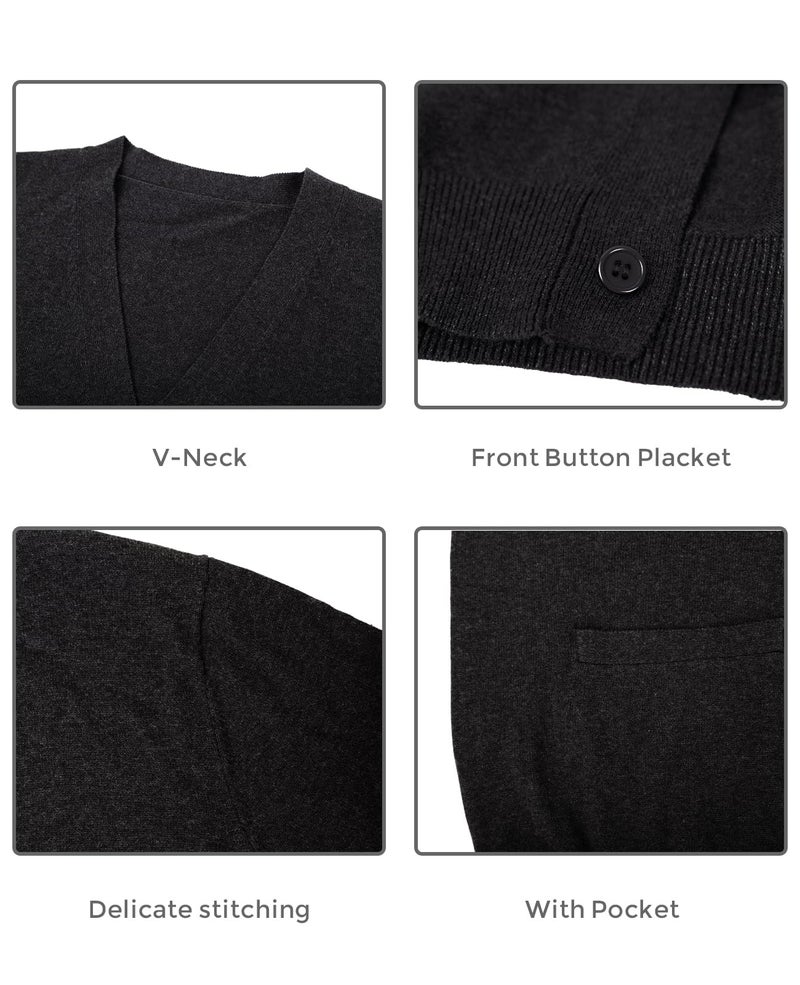 QUALFORT Men's Cardigan 100% Cotton Sweater V-Neck Button Down Knitted Outerwear with Pockets Fashion 2026 Grey Large - Image 4